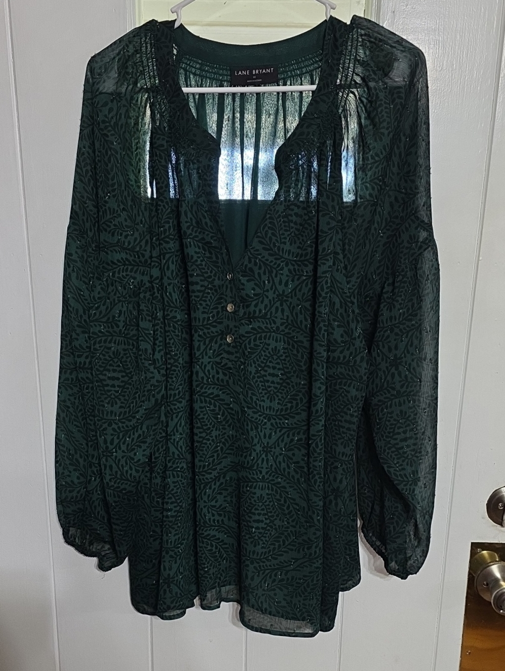 Lane Bryant Women's Blouse Dark Green Black Leafy Gold Metallic Thread Sz 22 EUC